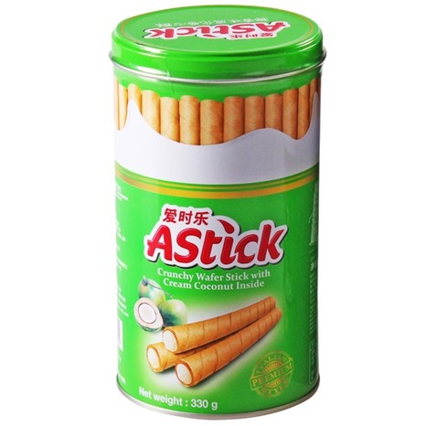 爱时乐astick椰香味夹心棒注心饼干330g罐装休闲零食威化